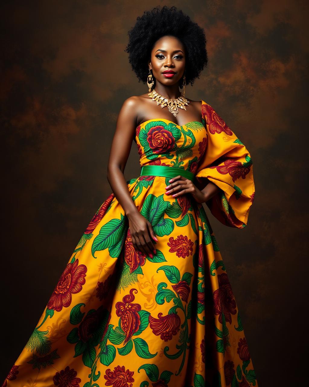 Model in vibrant Ankara couture gown